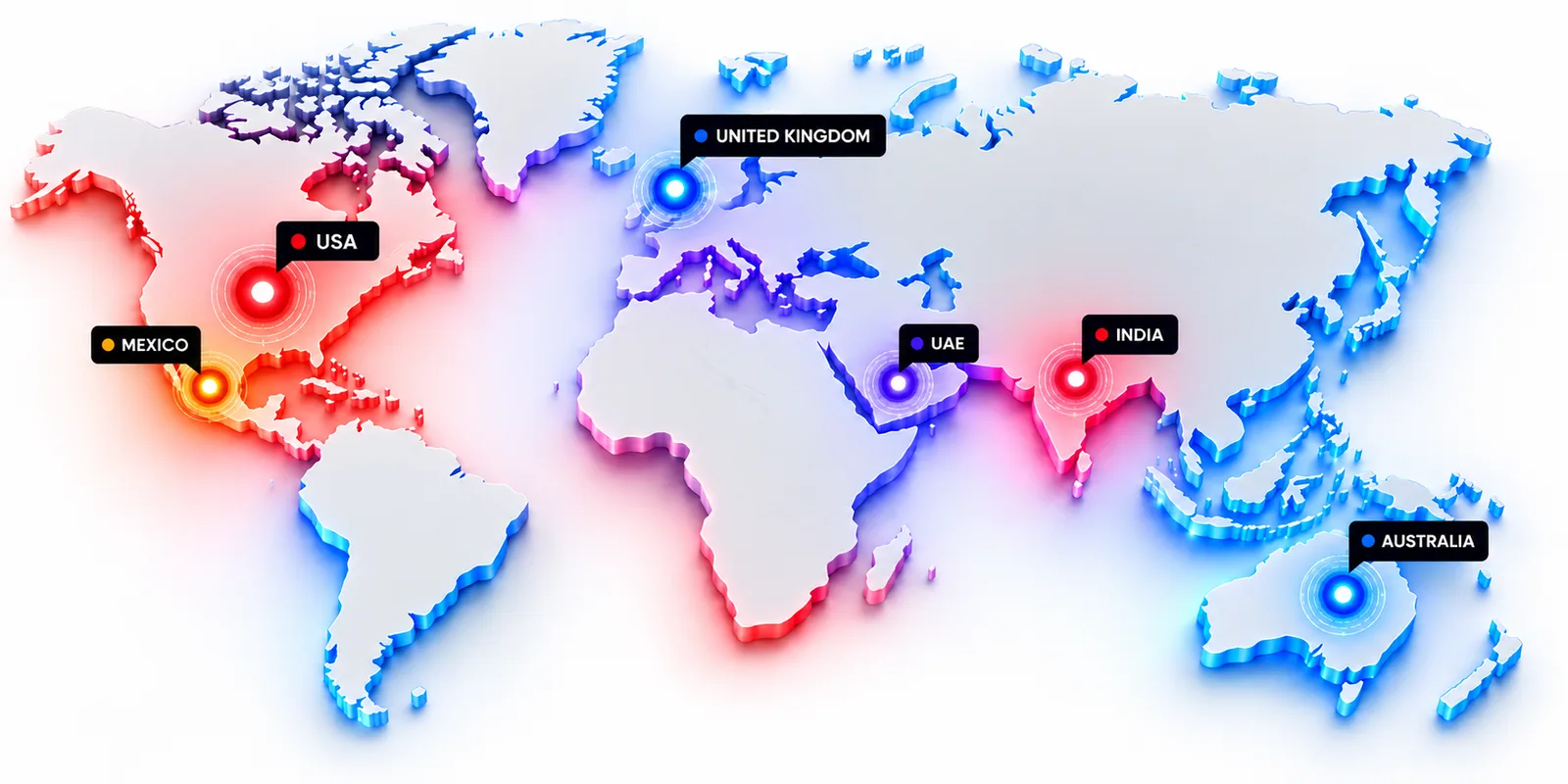 World map showing True Lean Solutions locations: the USA, Mexico, United Kingdom, UAE, India and Australia