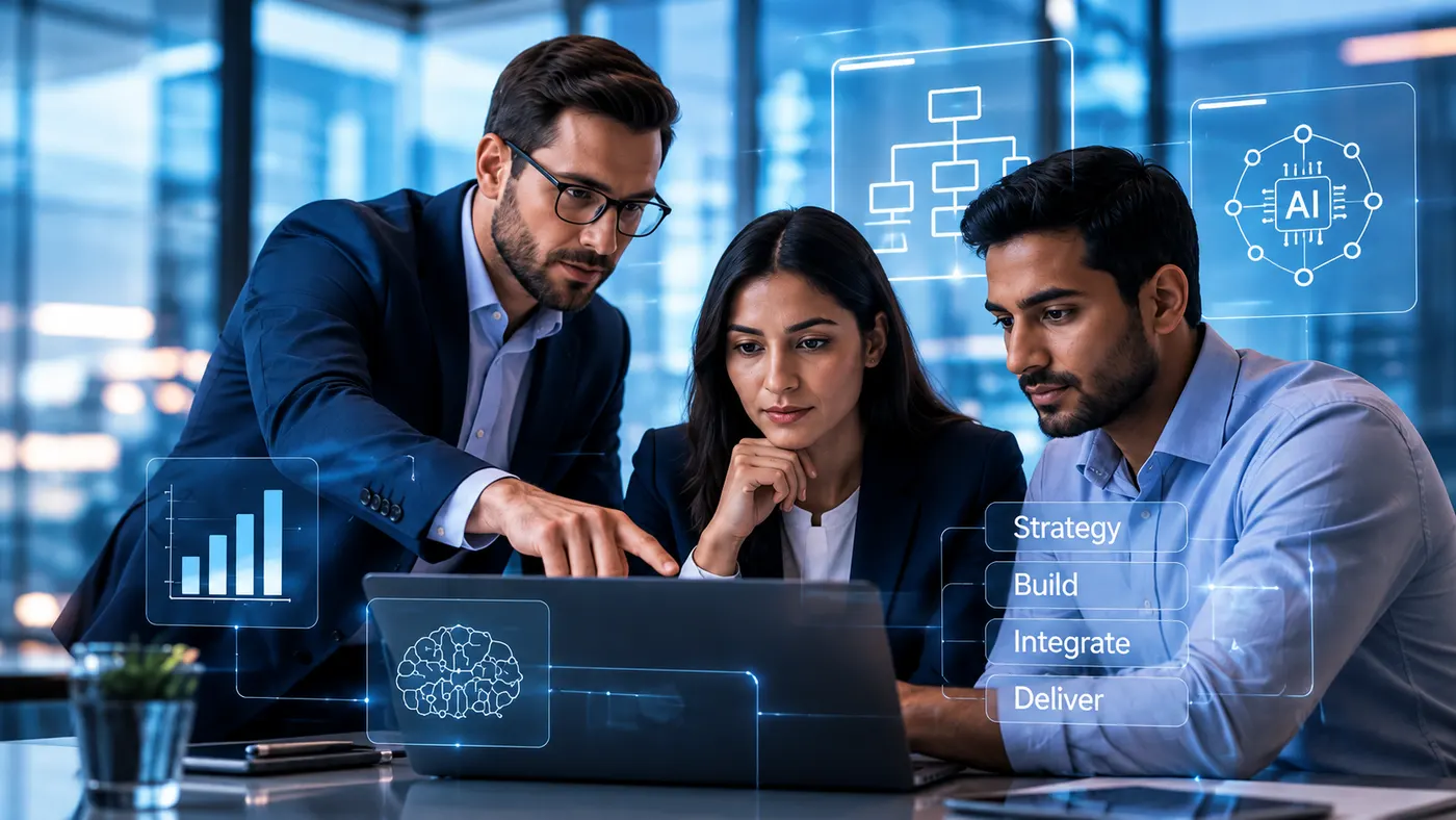 A consulting team reviewing a solution together at a laptop
